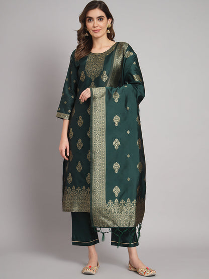 Vishwa Green Silk Round-neck Blossom Woven Kurta With Pant Suits - FitVibe Fashion
