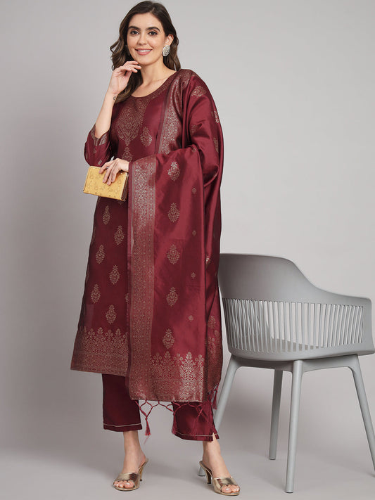 Vishwa Maroon Silk Round-neck Blossom Woven Kurta With Pant Suits - FitVibe Fashion