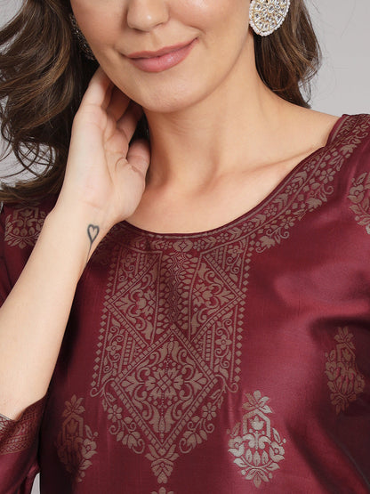 Vishwa Maroon Silk Round-neck Blossom Woven Kurta With Pant Suits - FitVibe Fashion