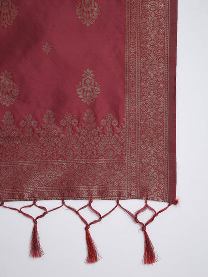 Vishwa Maroon Silk Round-neck Blossom Woven Kurta With Pant Suits - FitVibe Fashion