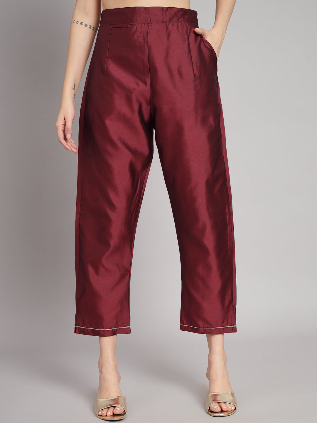 Vishwa Maroon Silk Round-neck Blossom Woven Kurta With Pant Suits - FitVibe Fashion