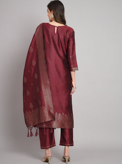 Vishwa Maroon Silk Round-neck Blossom Woven Kurta With Pant Suits - FitVibe Fashion