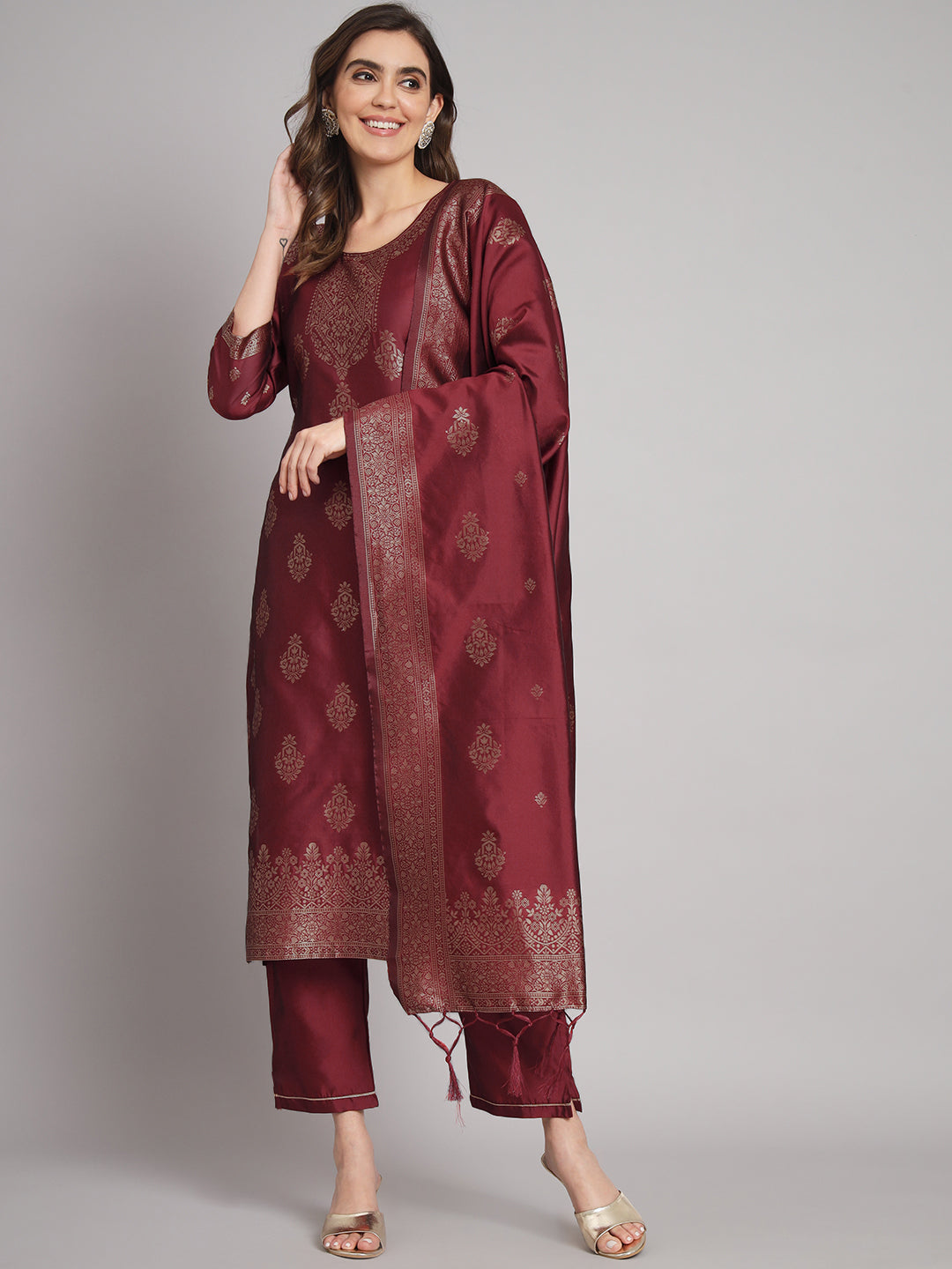 Vishwa Maroon Silk Round-neck Blossom Woven Kurta With Pant Suits - FitVibe Fashion
