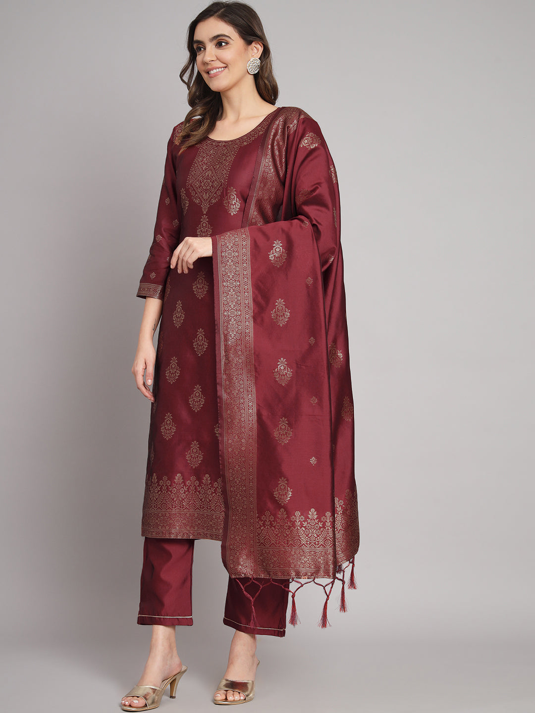 Vishwa Maroon Silk Round-neck Blossom Woven Kurta With Pant Suits - FitVibe Fashion