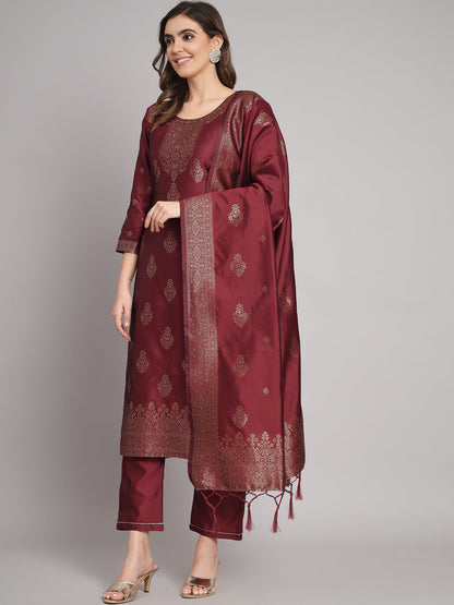 Vishwa Maroon Silk Round-neck Blossom Woven Kurta With Pant Suits - FitVibe Fashion