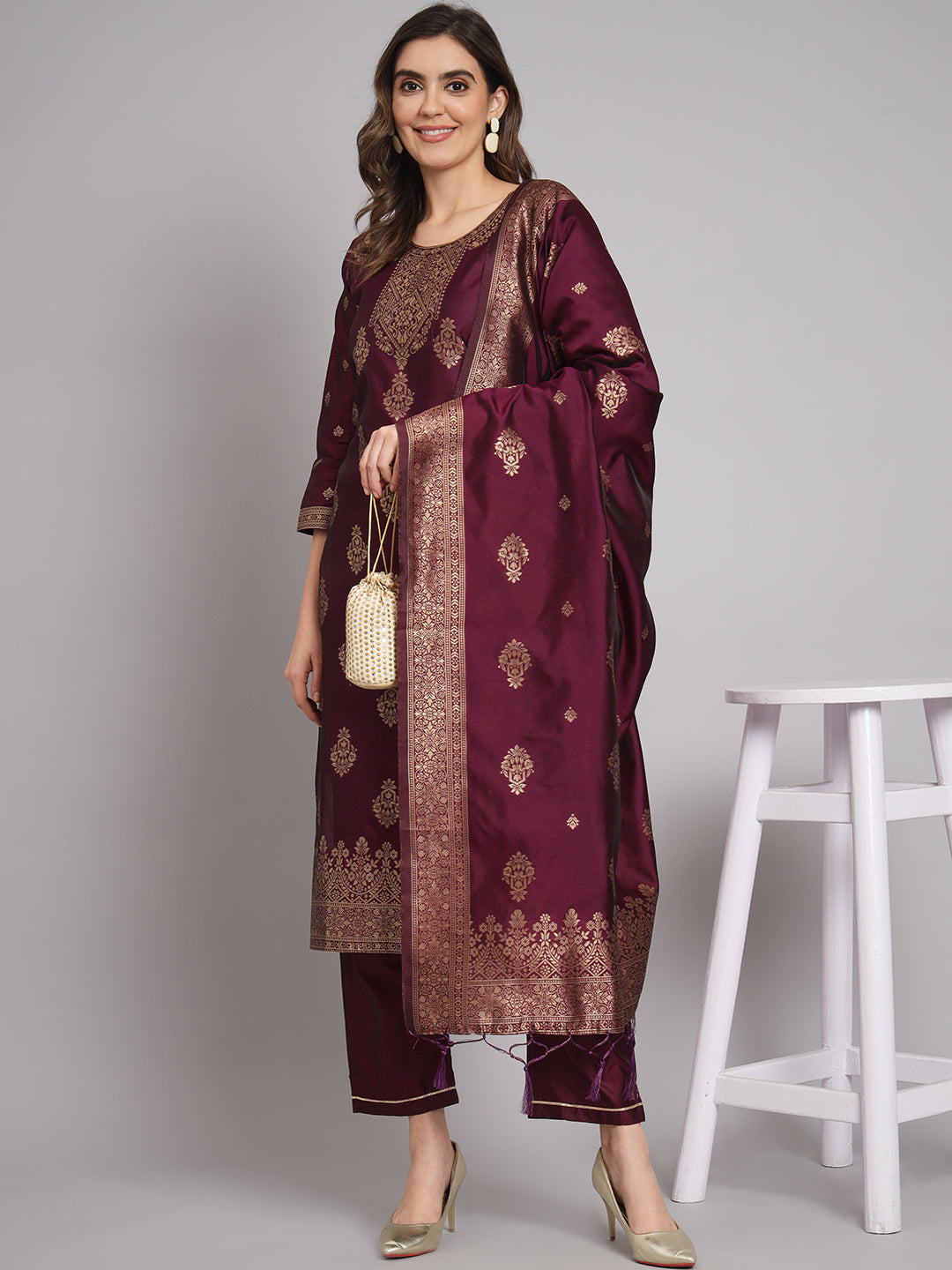 Vishwa Purple Silk Round-Neck Blossom Woven Kurta With Pant Suits - FitVibe Fashion