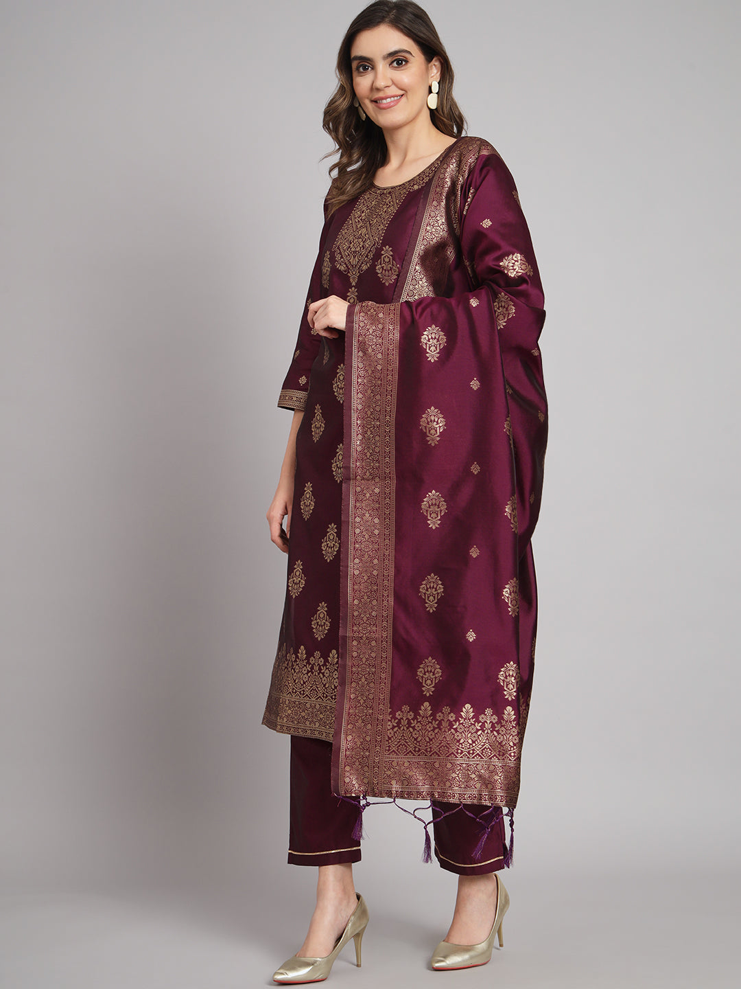 Vishwa Purple Silk Round-Neck Blossom Woven Kurta With Pant Suits - FitVibe Fashion