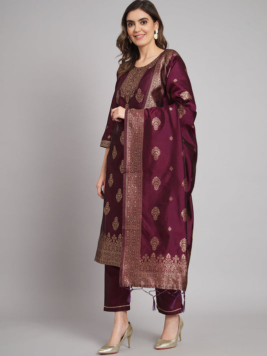 Vishwa Purple Silk Round-Neck Blossom Woven Kurta With Pant Suits - FitVibe Fashion