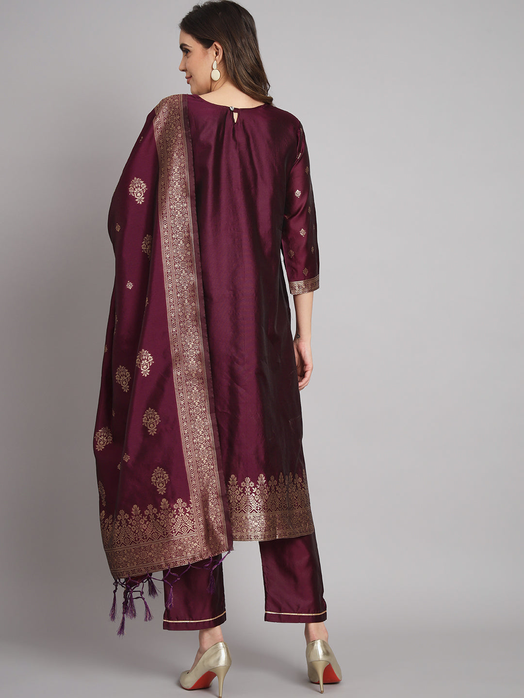 Vishwa Purple Silk Round-Neck Blossom Woven Kurta With Pant Suits - FitVibe Fashion