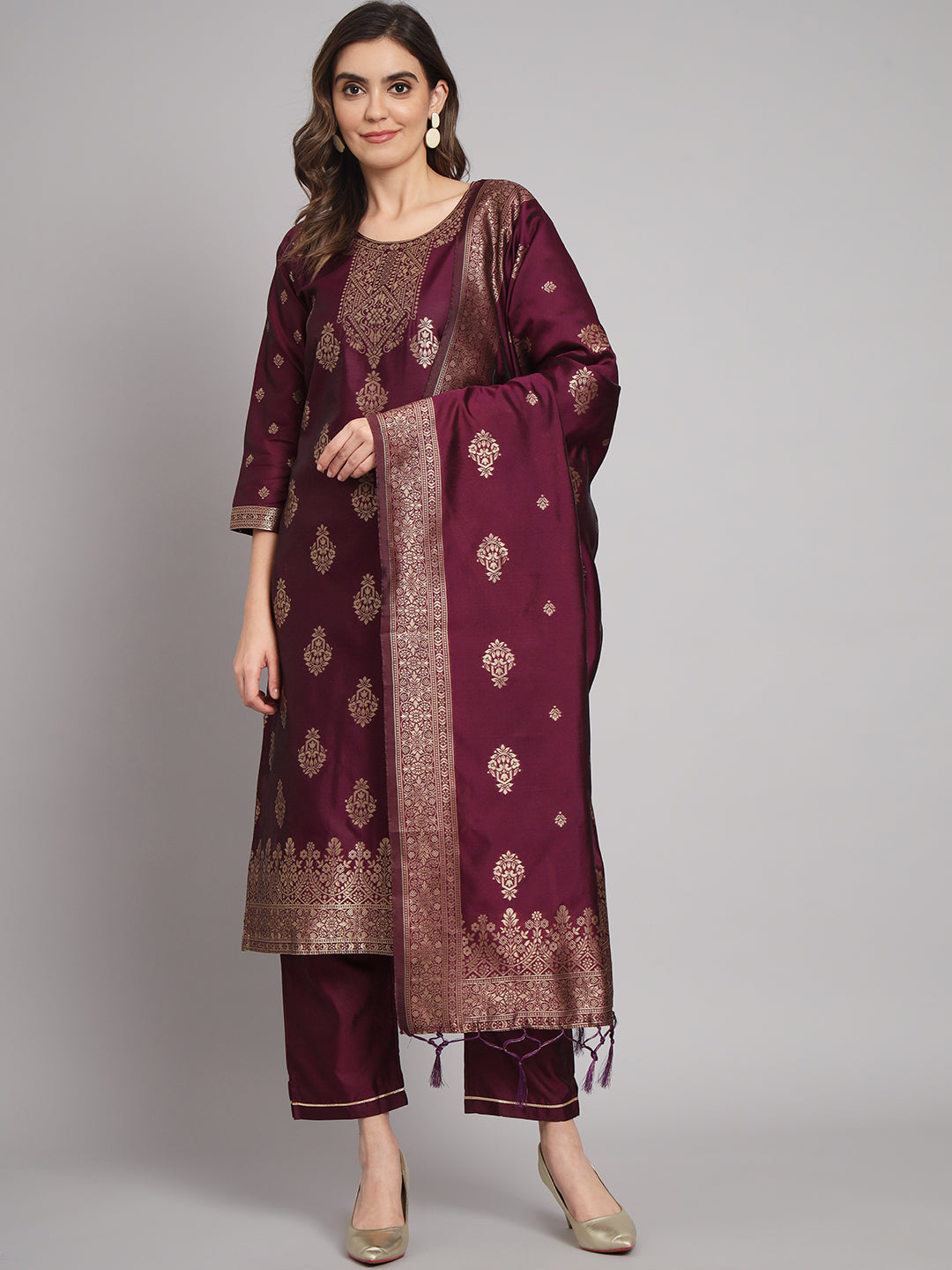 Vishwa Purple Silk Round-Neck Blossom Woven Kurta With Pant Suits - FitVibe Fashion