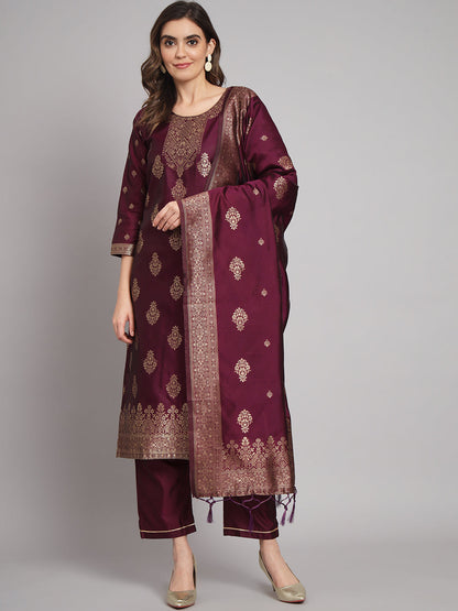 Vishwa Purple Silk Round-Neck Blossom Woven Kurta With Pant Suits - FitVibe Fashion