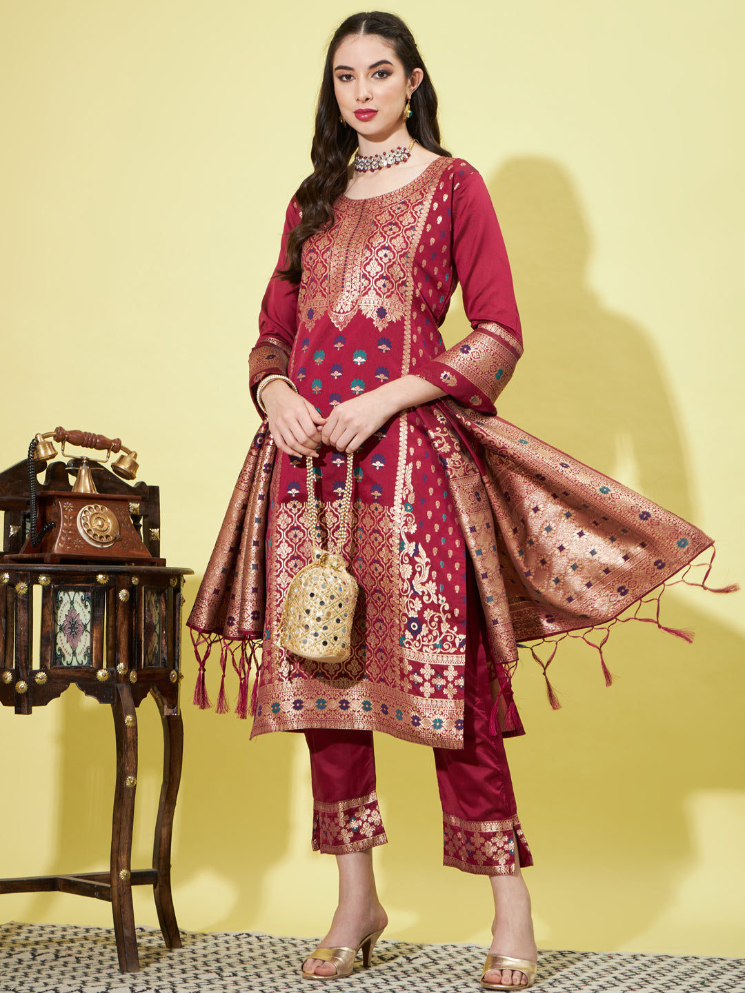 Cotton Silk Jacquard Kurta Pant With Heavy Banarasi Silk Dupatta - FitVibe Fashion