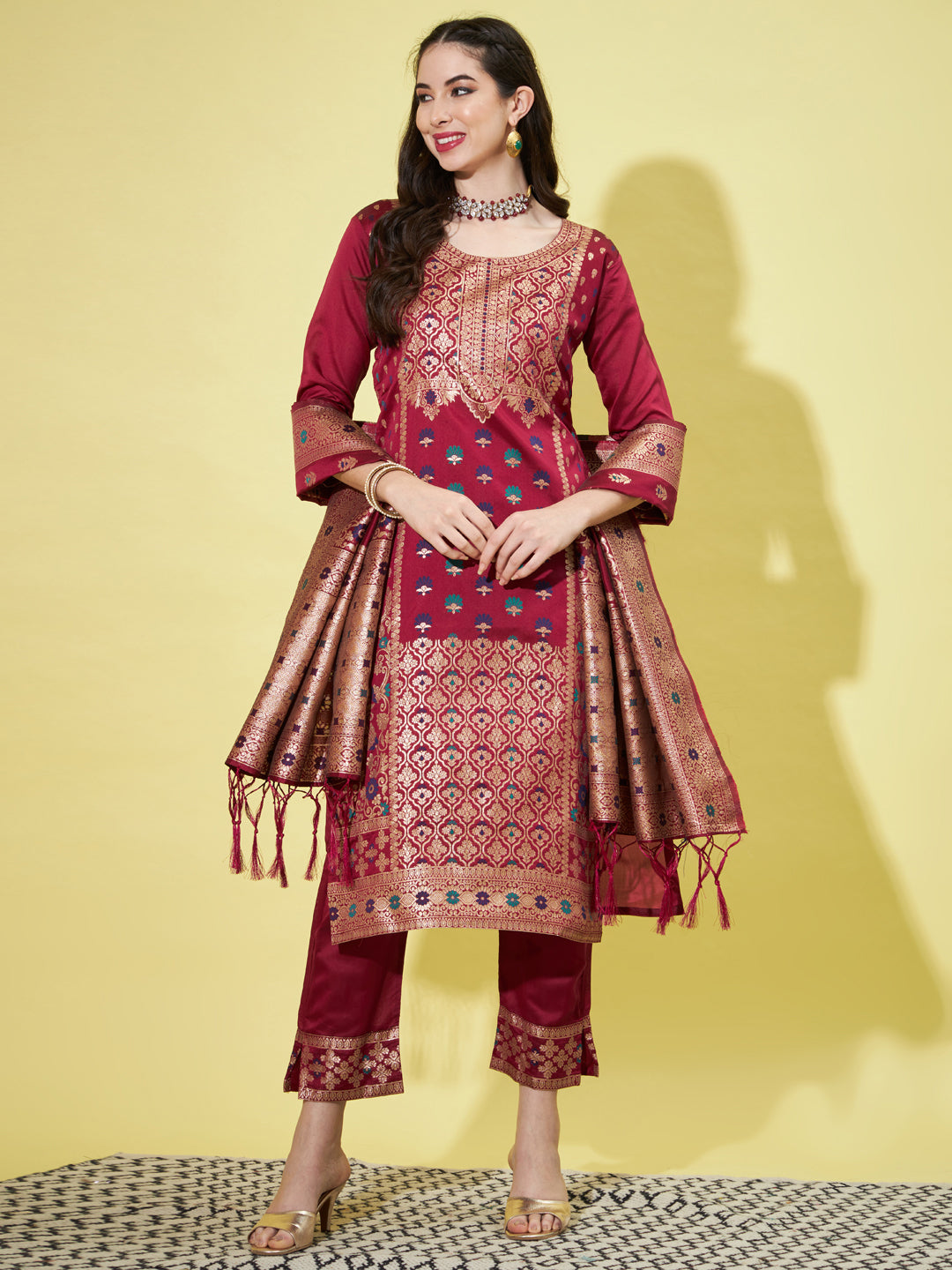 Cotton Silk Jacquard Kurta Pant With Heavy Banarasi Silk Dupatta - FitVibe Fashion