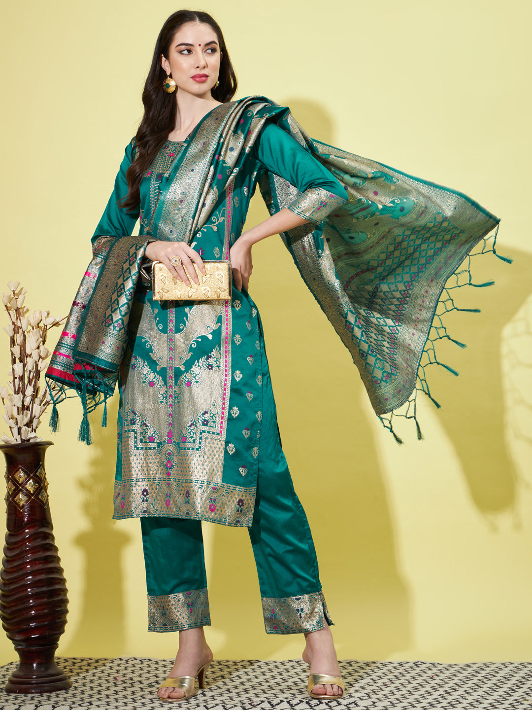 Cotton Silk Jacquard Kurta Pant With Heavy Banarasi Silk Dupatta - FitVibe Fashion