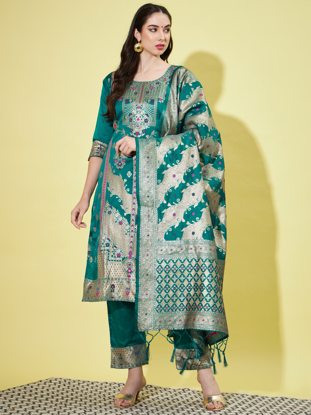 Cotton Silk Jacquard Kurta Pant With Heavy Banarasi Silk Dupatta - FitVibe Fashion