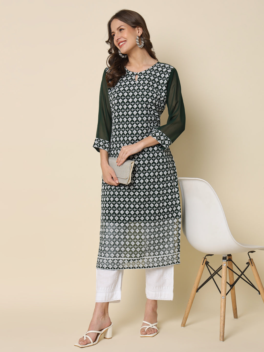 Women Chikan/ Chikankari Embroidery Georgette Straight Kurta - FitVibe Fashion
