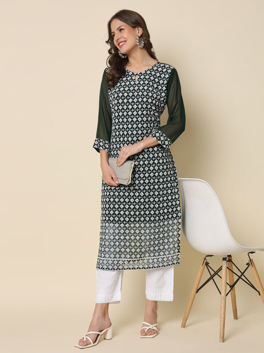 Women Chikan/ Chikankari Embroidery Georgette Straight Kurta - FitVibe Fashion