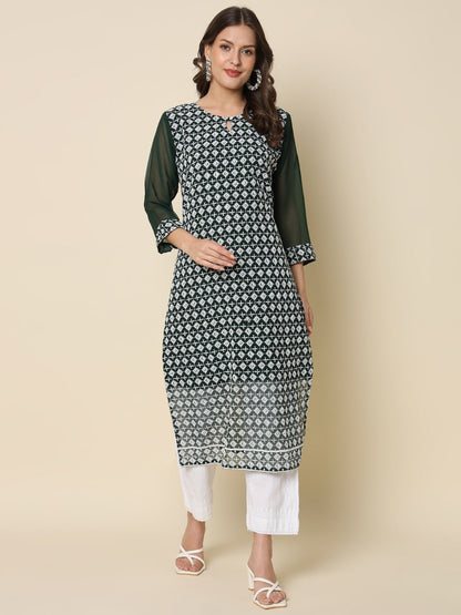 Women Chikan/ Chikankari Embroidery Georgette Straight Kurta - FitVibe Fashion