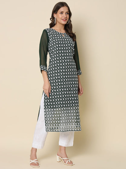 Women Chikan/ Chikankari Embroidery Georgette Straight Kurta - FitVibe Fashion