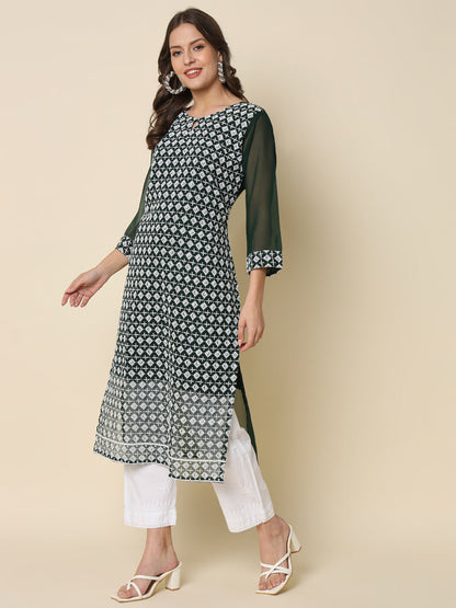 Women Chikan/ Chikankari Embroidery Georgette Straight Kurta - FitVibe Fashion