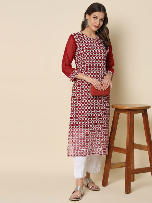Women Chikan/ Chikankari Embroidery Georgette Straight Kurta - FitVibe Fashion