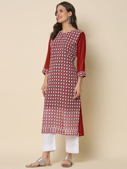 Women Chikan/ Chikankari Embroidery Georgette Straight Kurta - FitVibe Fashion