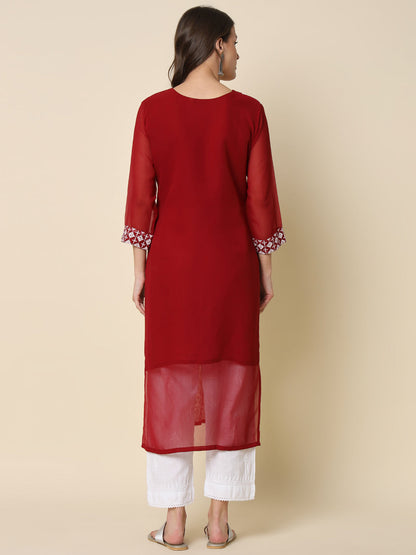 Women Chikan/ Chikankari Embroidery Georgette Straight Kurta - FitVibe Fashion