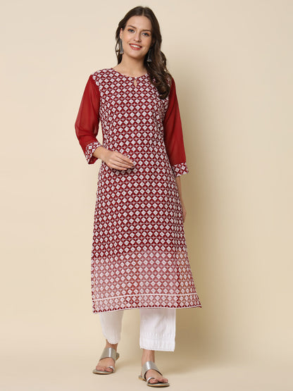 Women Chikan/ Chikankari Embroidery Georgette Straight Kurta - FitVibe Fashion