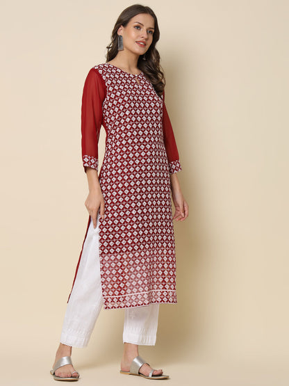 Women Chikan/ Chikankari Embroidery Georgette Straight Kurta - FitVibe Fashion
