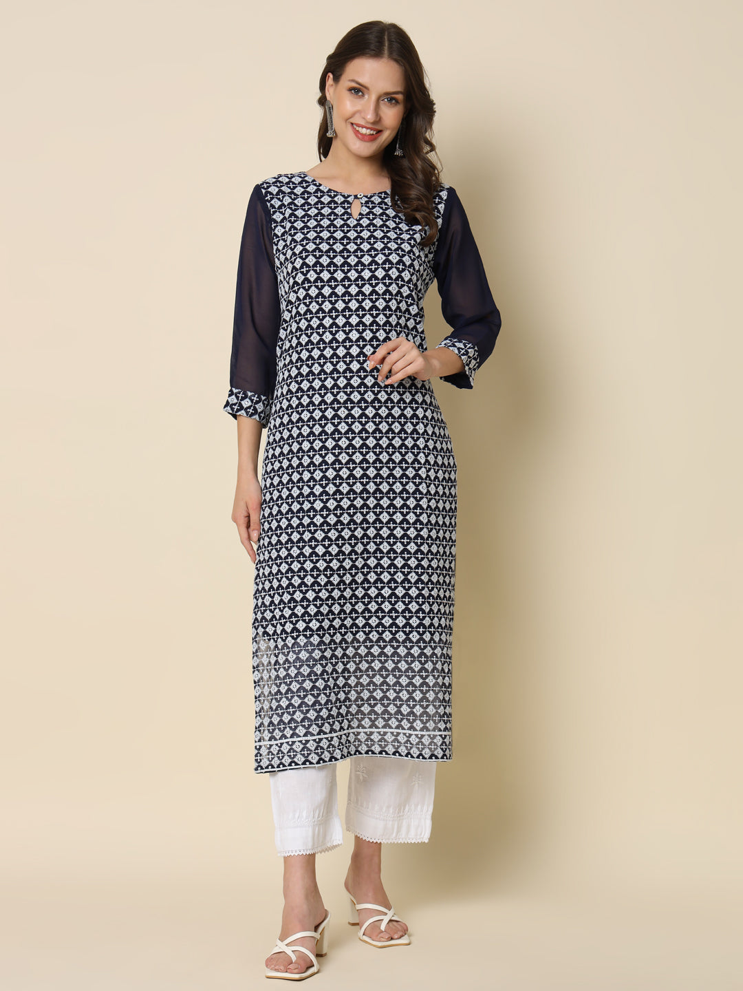 Women Chikan/ Chikankari Embroidery Georgette Straight Kurta - FitVibe Fashion