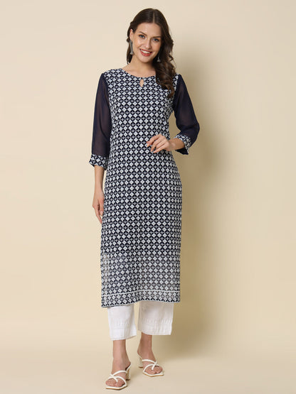 Women Chikan/ Chikankari Embroidery Georgette Straight Kurta - FitVibe Fashion