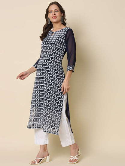 Women Chikan/ Chikankari Embroidery Georgette Straight Kurta - FitVibe Fashion