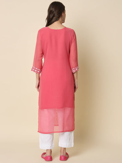 Women Chikan/ Chikankari Embroidery Georgette Straight Kurta - FitVibe Fashion