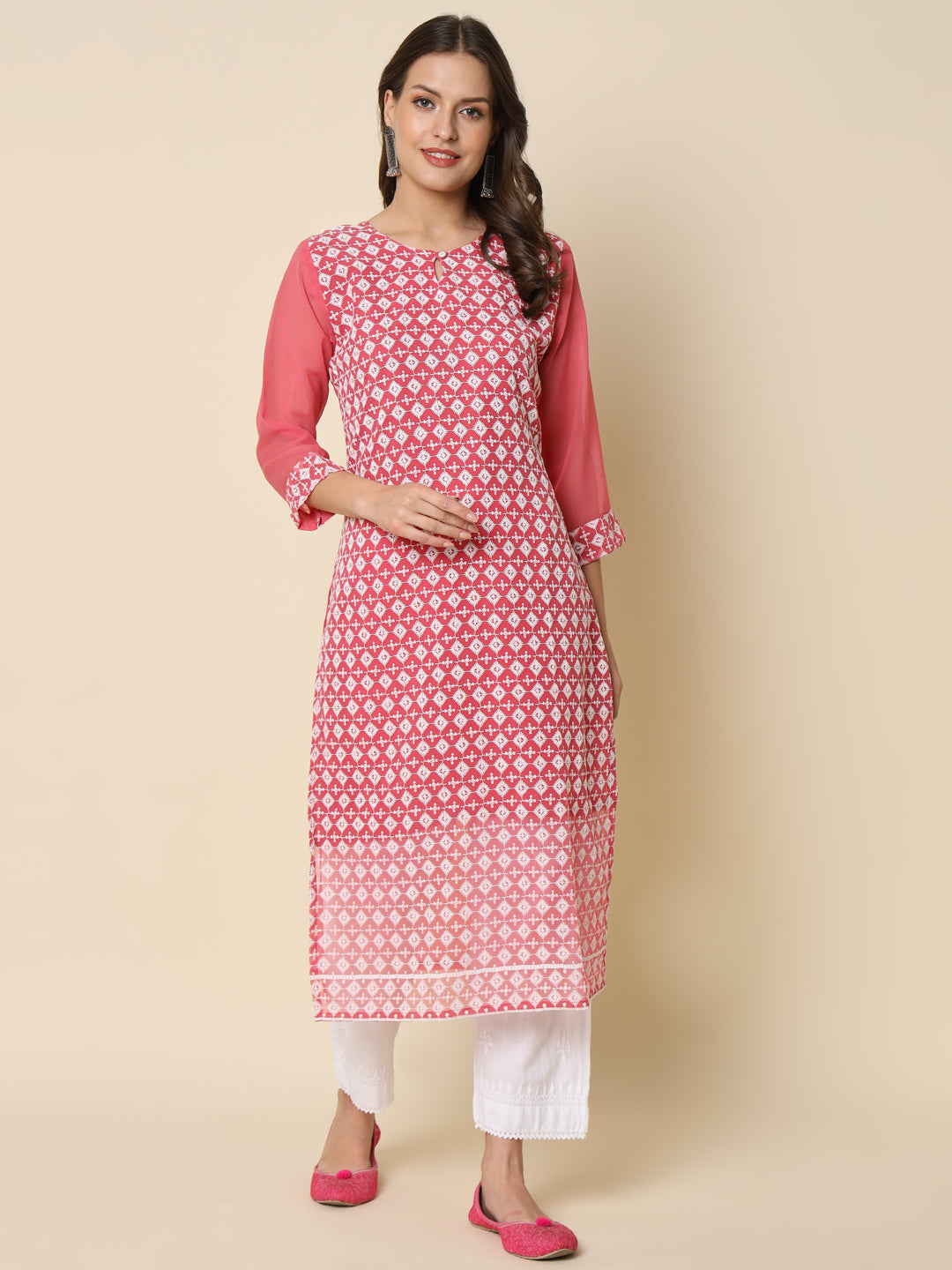 Women Chikan/ Chikankari Embroidery Georgette Straight Kurta - FitVibe Fashion