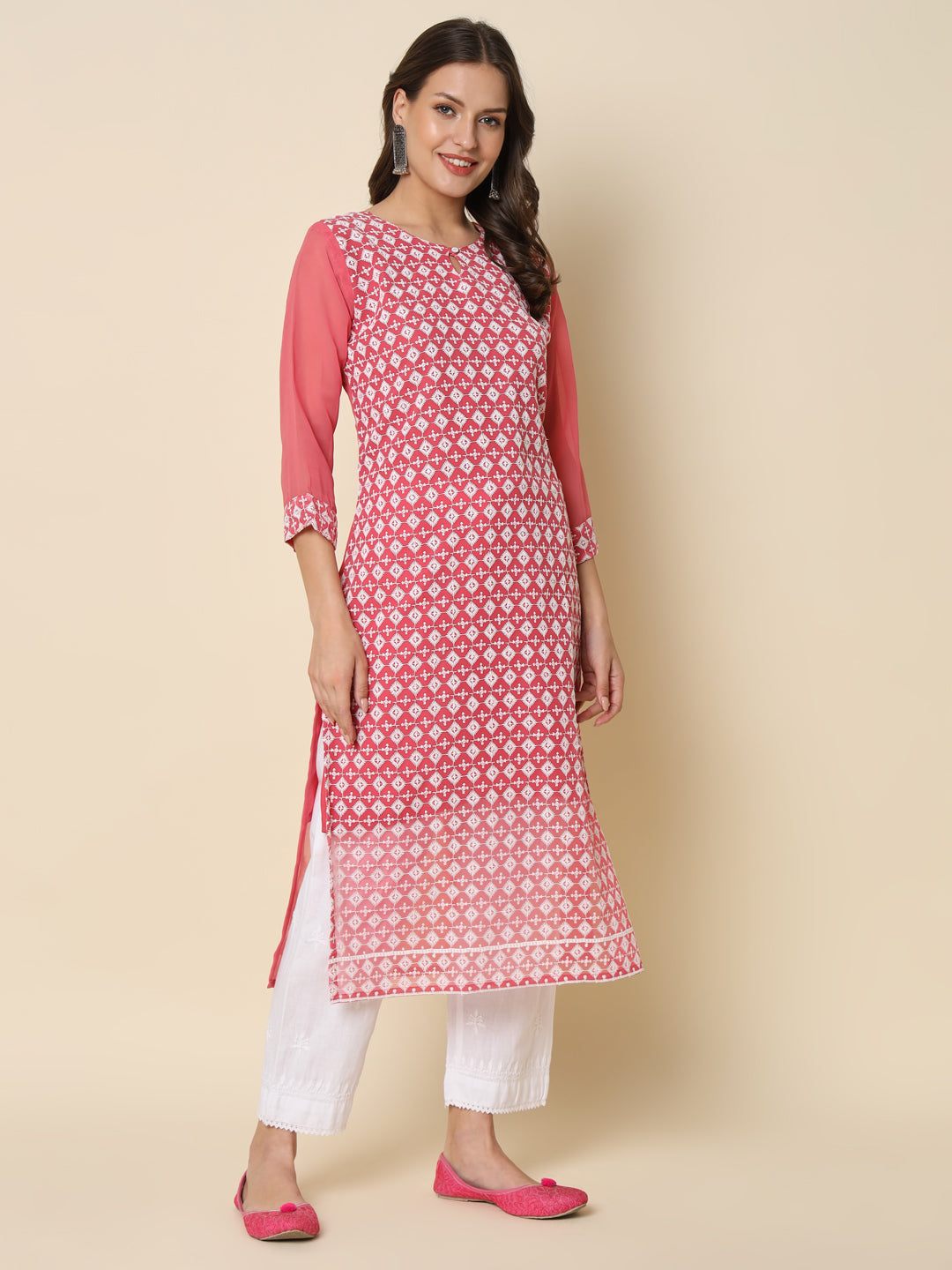 Women Chikan/ Chikankari Embroidery Georgette Straight Kurta - FitVibe Fashion