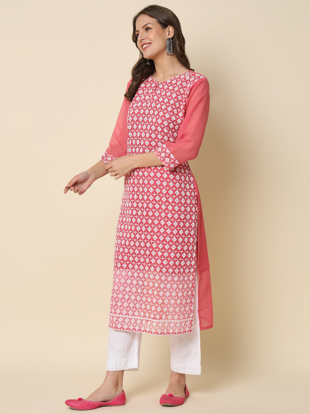 Women Chikan/ Chikankari Embroidery Georgette Straight Kurta - FitVibe Fashion