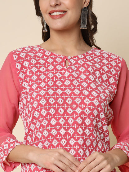 Women Chikan/ Chikankari Embroidery Georgette Straight Kurta - FitVibe Fashion