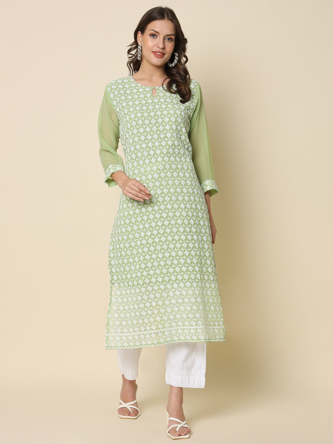 Women Chikan/ Chikankari Embroidery Georgette Straight Kurta - FitVibe Fashion
