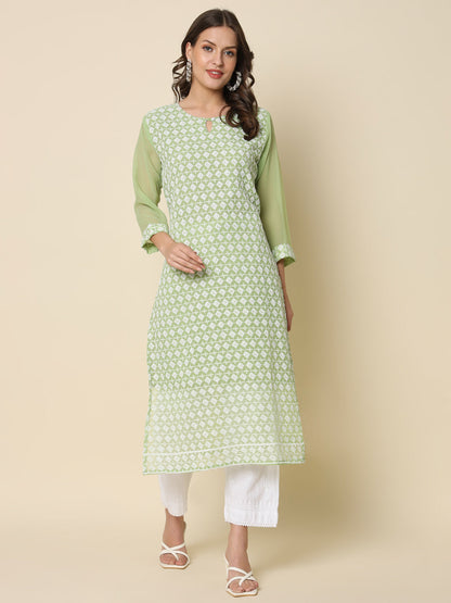 Women Chikan/ Chikankari Embroidery Georgette Straight Kurta - FitVibe Fashion