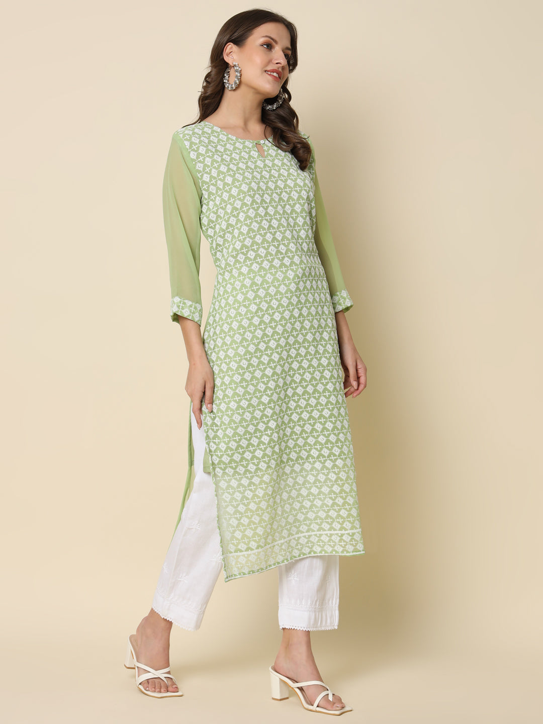 Women Chikan/ Chikankari Embroidery Georgette Straight Kurta - FitVibe Fashion