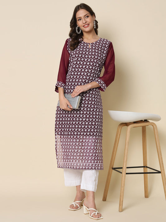 Women Chikan/ Chikankari Embroidery Georgette Straight Kurta - FitVibe Fashion