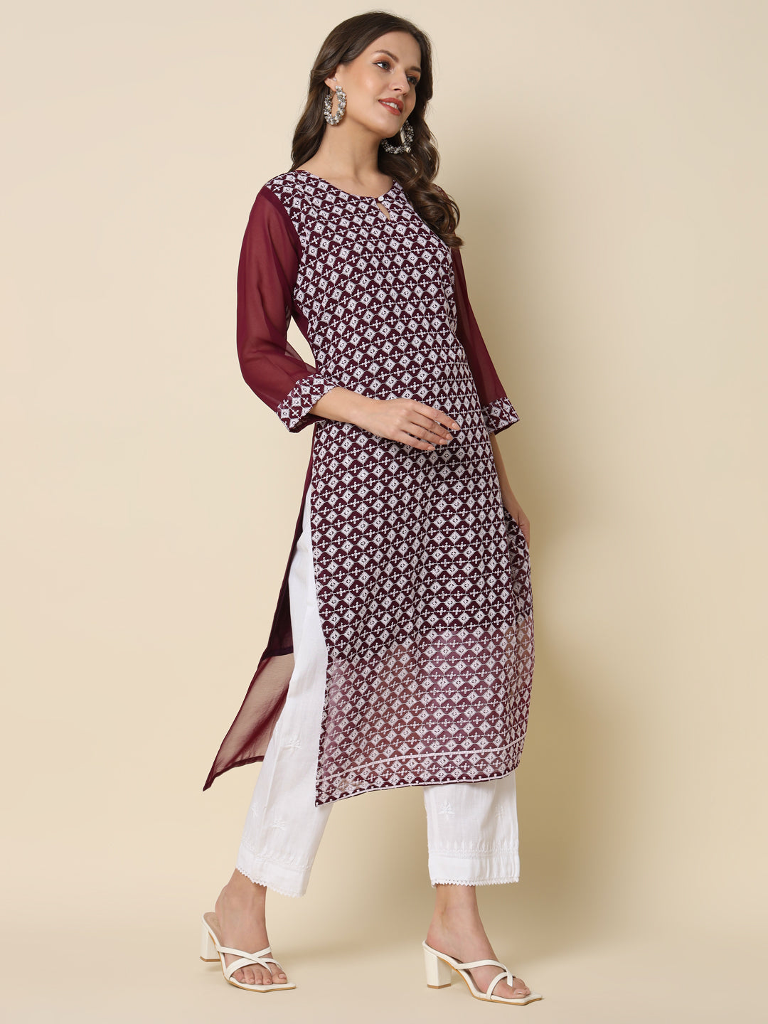 Women Chikan/ Chikankari Embroidery Georgette Straight Kurta - FitVibe Fashion