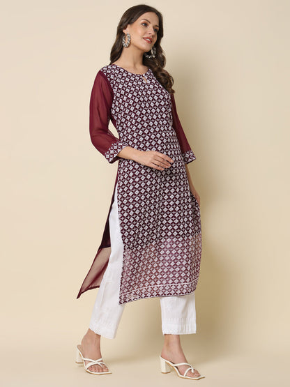Women Chikan/ Chikankari Embroidery Georgette Straight Kurta - FitVibe Fashion