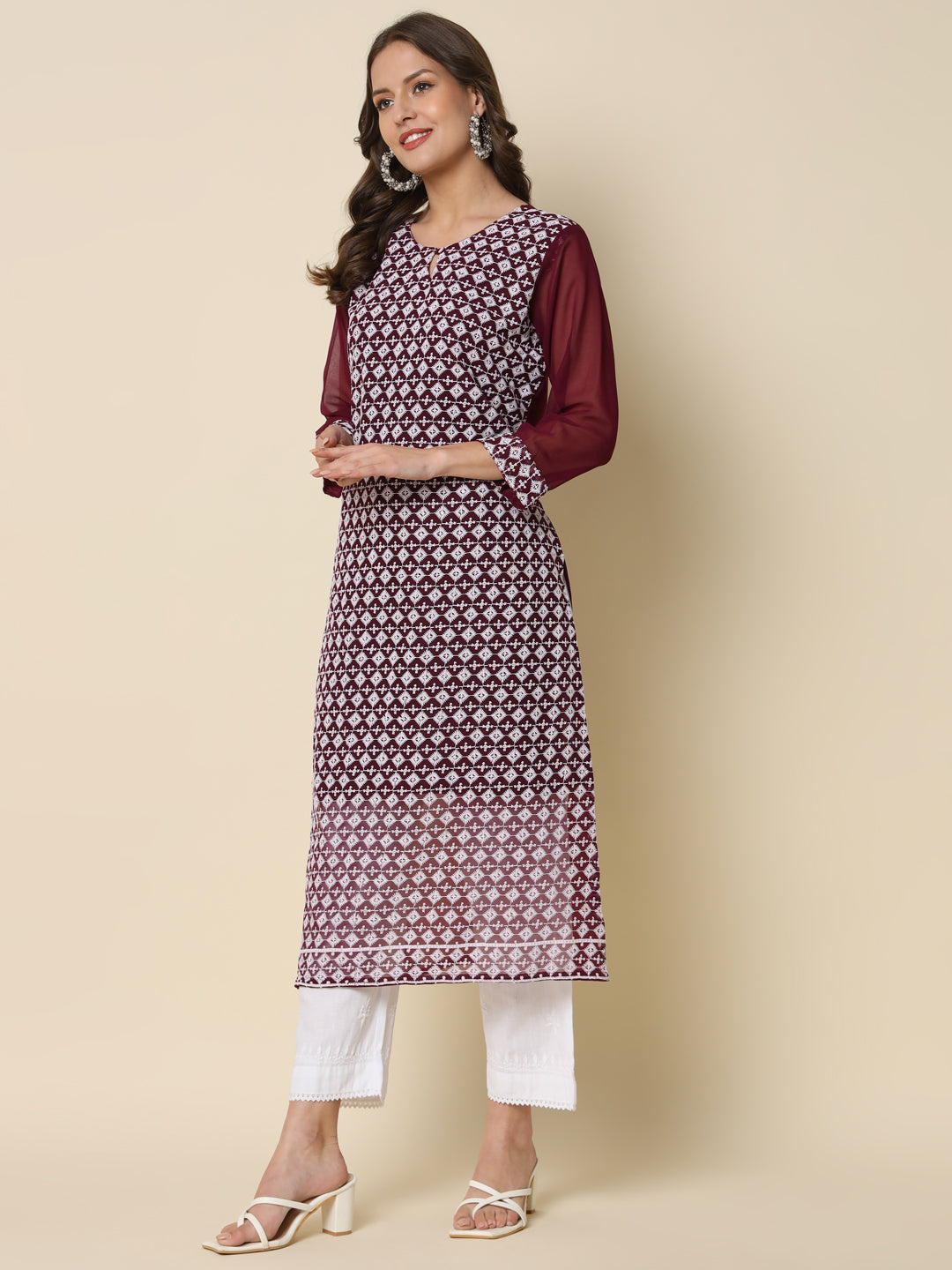 Women Chikan/ Chikankari Embroidery Georgette Straight Kurta - FitVibe Fashion
