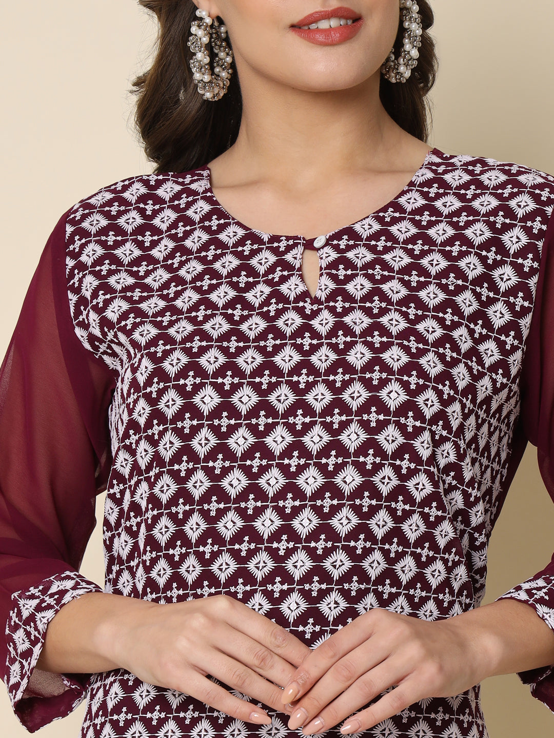 Women Chikan/ Chikankari Embroidery Georgette Straight Kurta - FitVibe Fashion