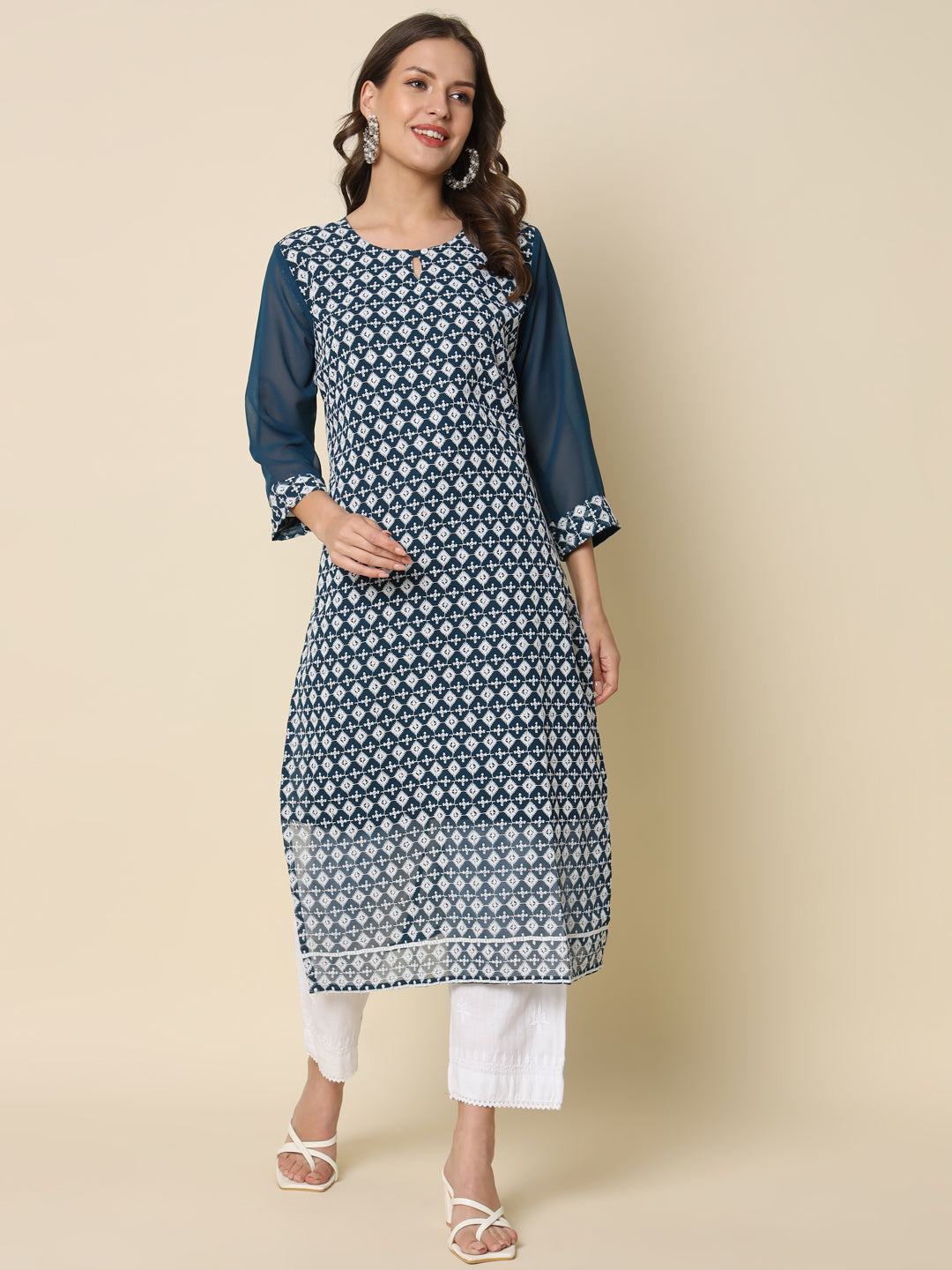 Women Chikan/ Chikankari Embroidery Georgette Straight Kurta - FitVibe Fashion