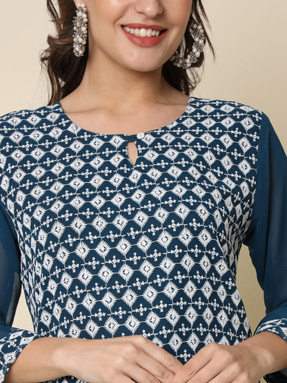 Women Chikan/ Chikankari Embroidery Georgette Straight Kurta - FitVibe Fashion