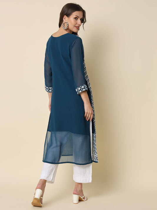 Women Chikan/ Chikankari Embroidery Georgette Straight Kurta - FitVibe Fashion