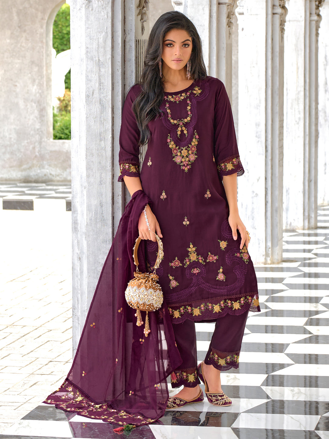 Women Silk Blend Kurta Pant Dupatta Set - FitVibe Fashion