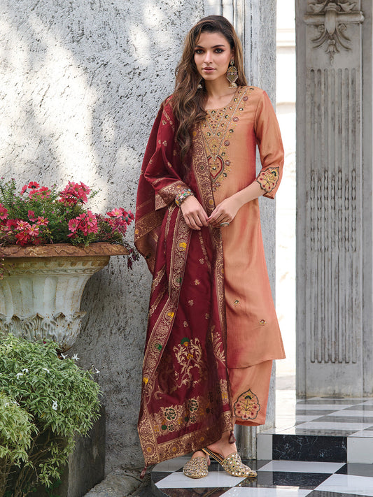 Savitri Women Kurta and Trouser Duppata Set Silk Blend - FitVibe Fashion